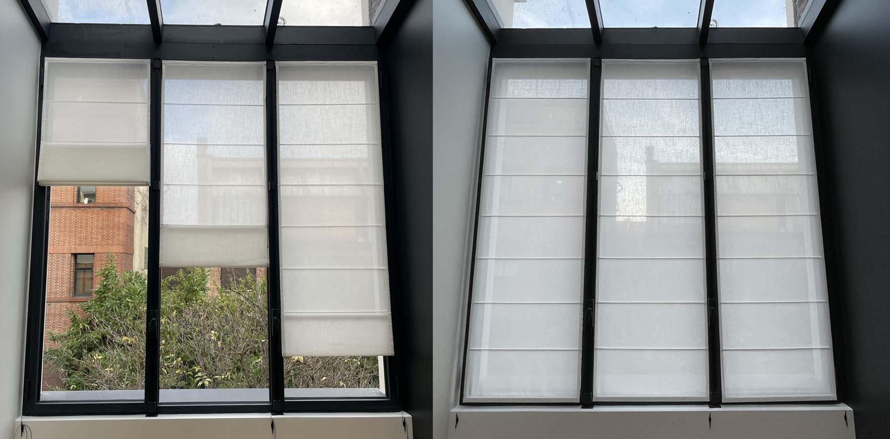 Three blinds on a glass roof. The advantage : the possible staggered rhythm.