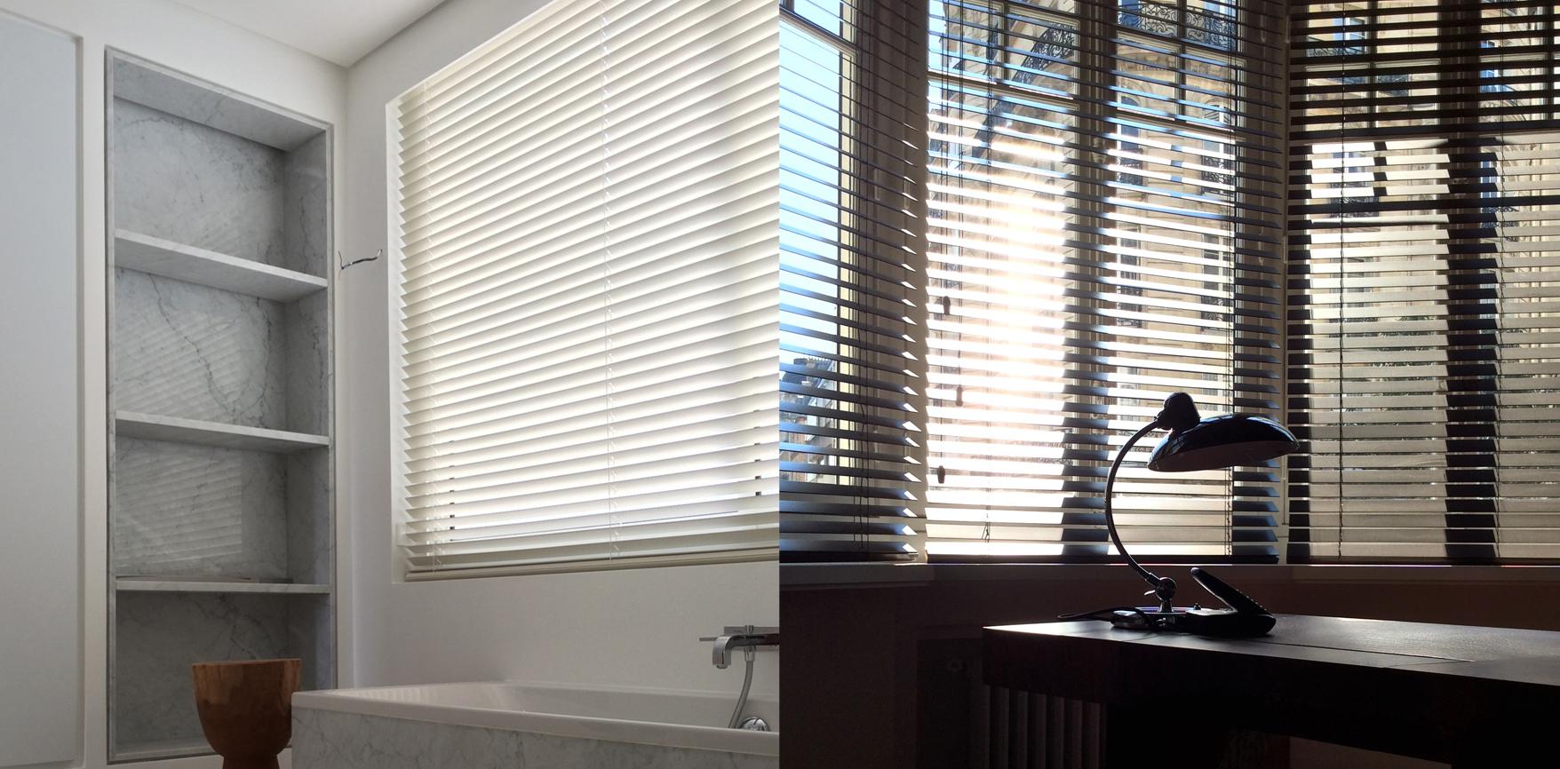 Venetian blinds in white wood in the bathroom, in Wenge in the master's office.